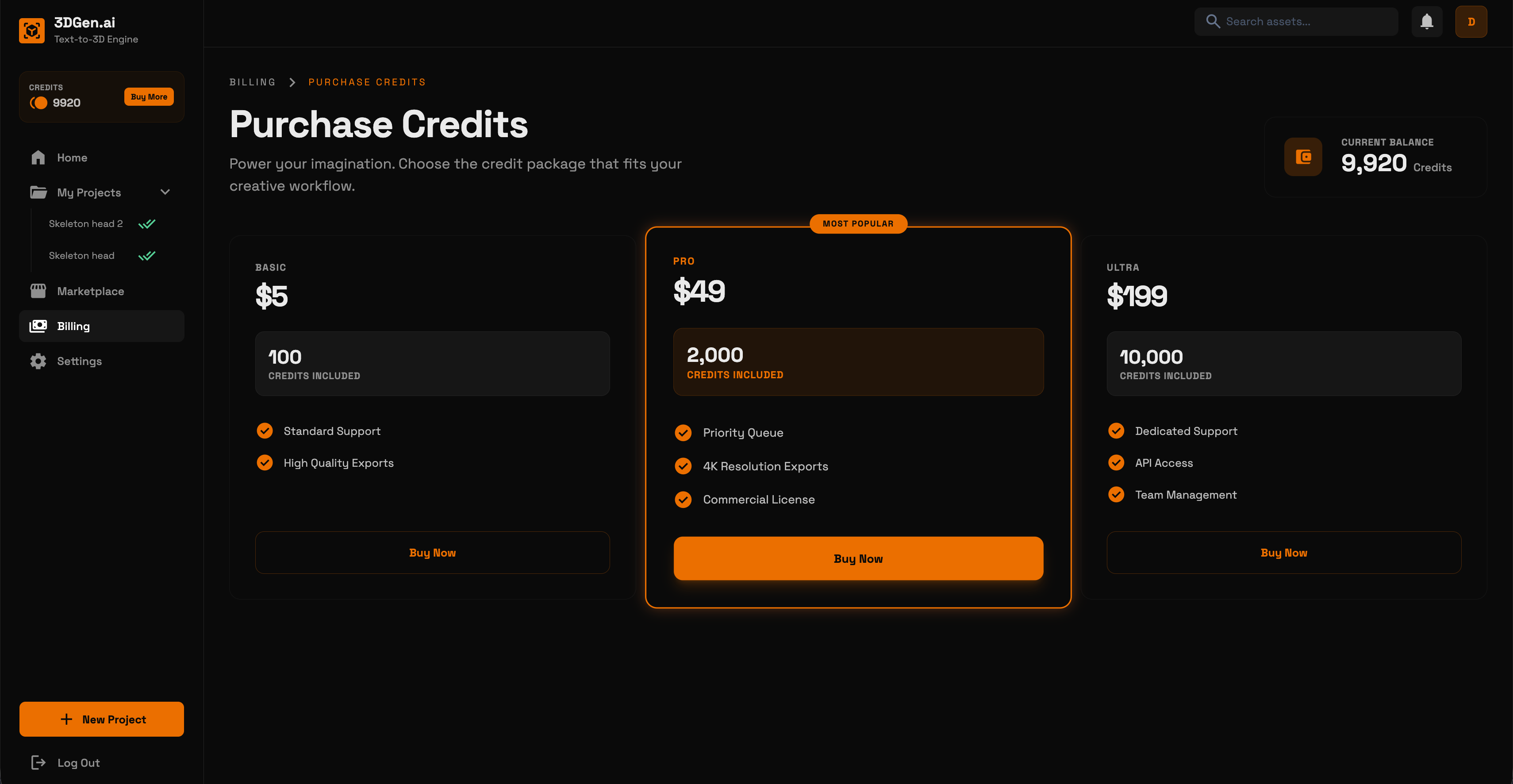 Credit packages and billing