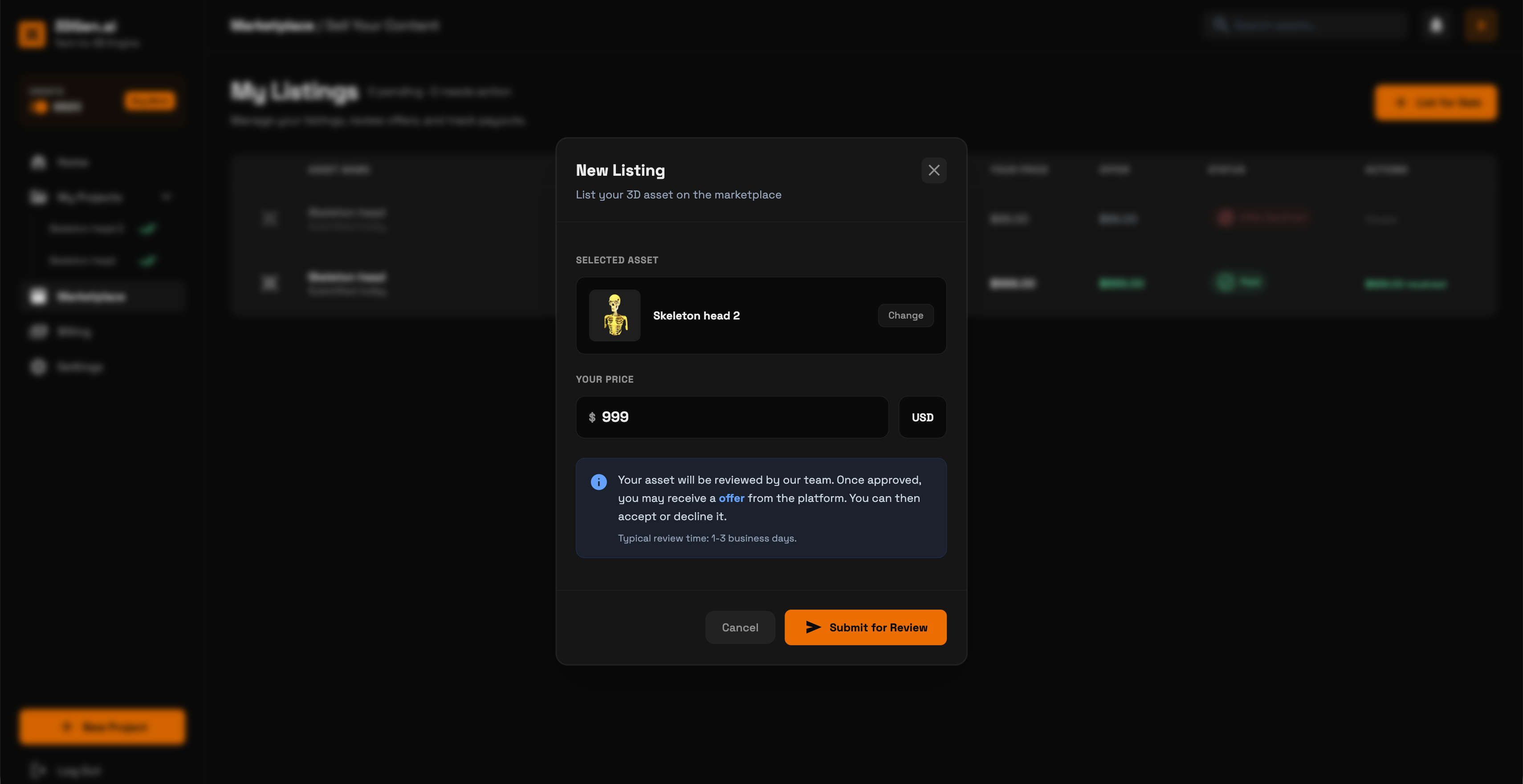 List a 3D asset for sale